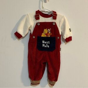 VTG Y2K Winnie The Pooh Disney Corduroy Overalls Set 90s 6-9 M Red Embroidered